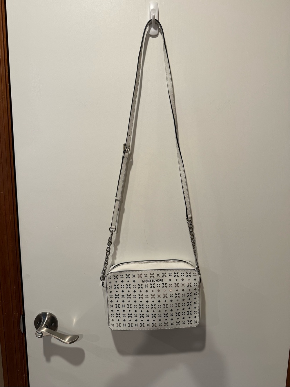 Michael Kors White Perforated Crossbody with Chain-Trim Strap